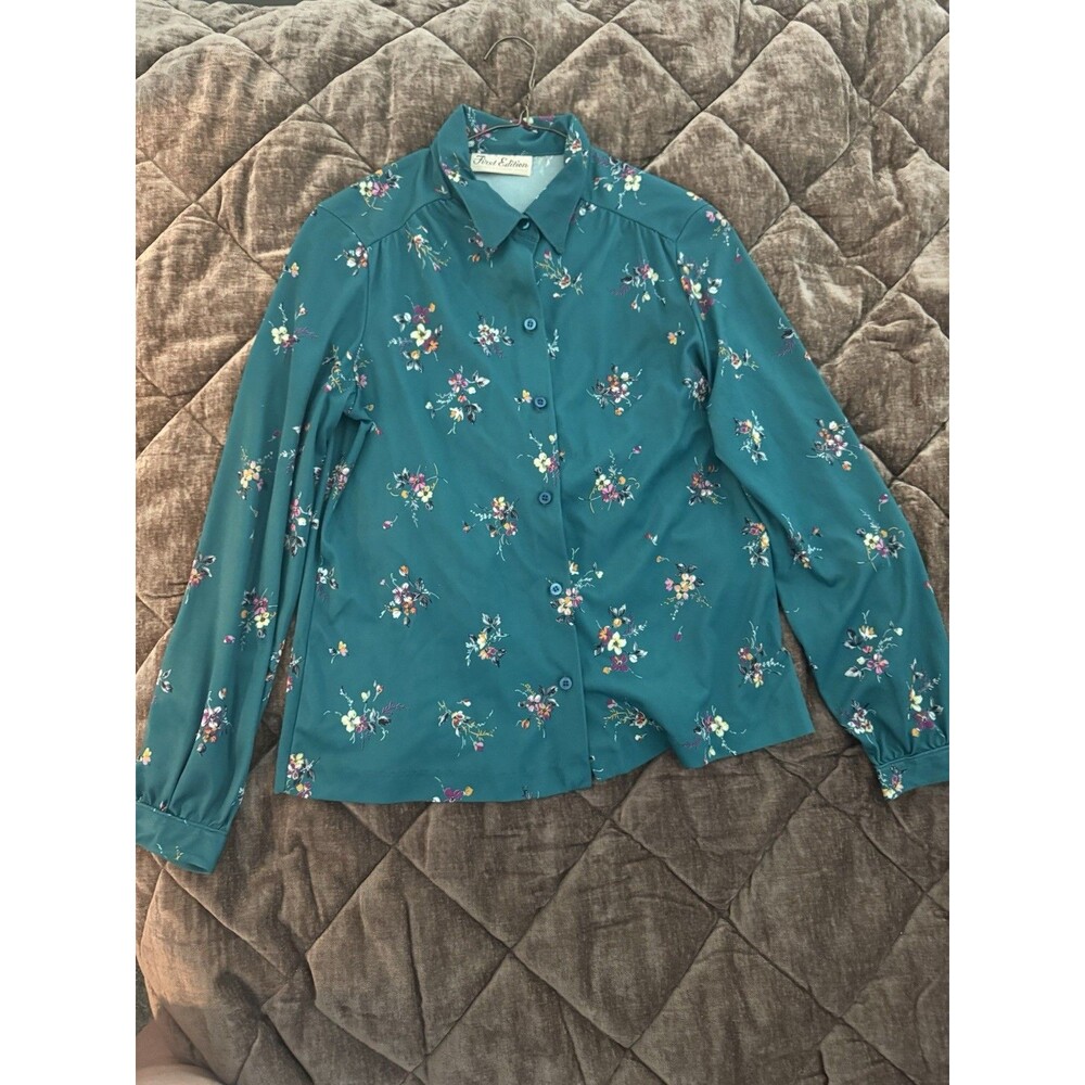 Vintage 70s First Edition Dallas Teal Floral Blouse Button Up Medium